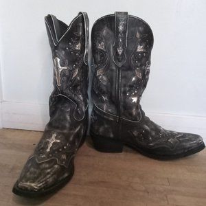 Dan Post~black distressed leather with silver accents square toe Cowboy boots